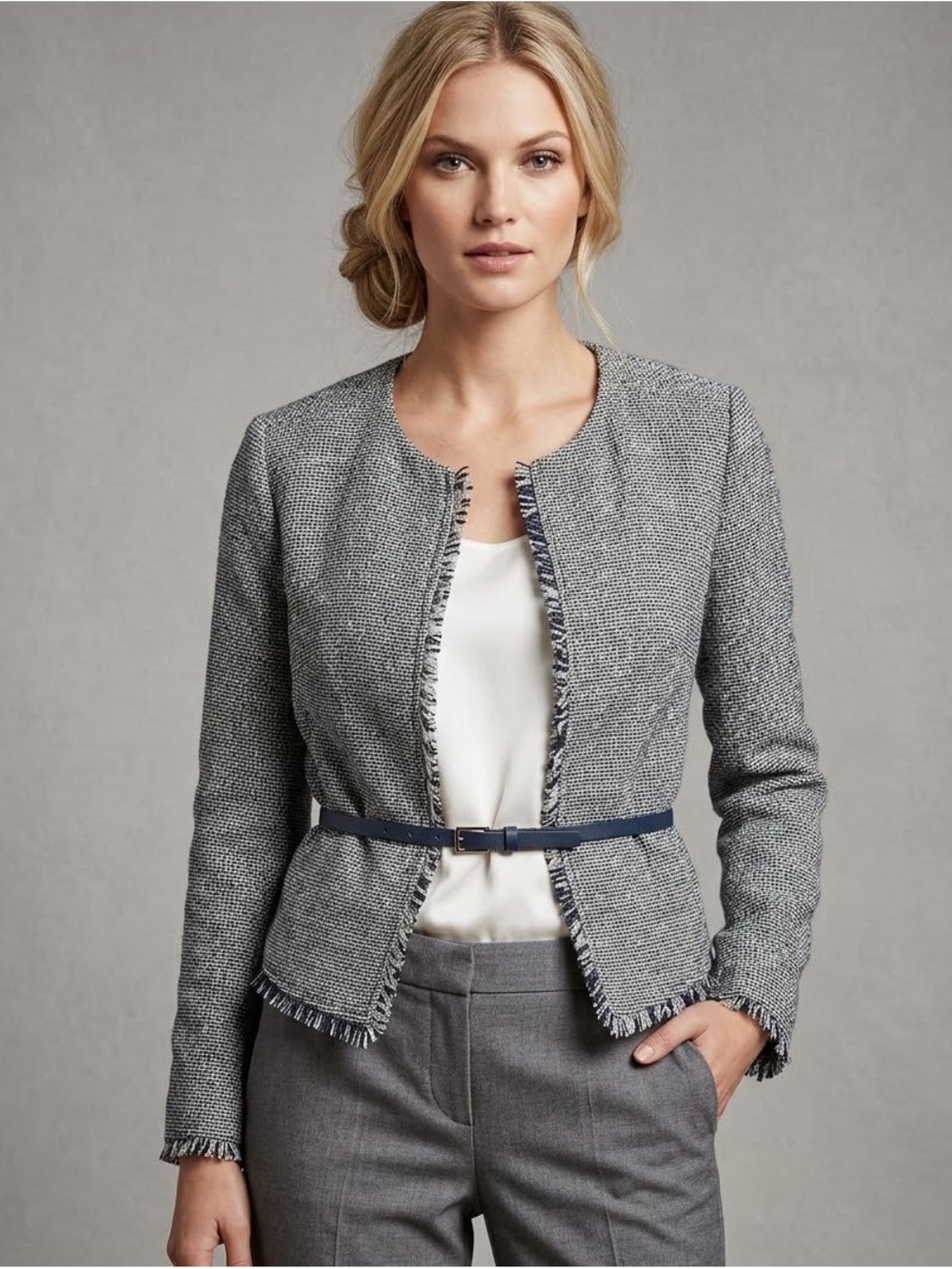 Banana Republic Tweed Fringe Jacket size 0 Blue White Open Front Blazer